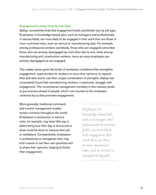 25Copyright © 2017 Gallup, Inc. All rights reserved.
State of the Global Workplace | 01  |  Untapped Human Capital: The Next Great Global Resource
Engagement Levels Vary by Job Type
Gallup consistently finds that engagement levels worldwide vary by job type.
Employees in knowledge-based jobs, such as managers and professionals
in various fields, are more likely to be engaged in their work than are those in
more routinized roles, such as clerical or manufacturing jobs. For example,
among professional workers worldwide, those who are engaged outnumber
those who are actively disengaged by more than two to one, while among
manufacturing and construction workers, twice as many employees are
actively disengaged as are engaged.
This makes sense given the kinds of workplace conditions that strengthen
engagement: opportunities for workers to voice their opinions, to expand
their skill sets and to use their unique combination of strengths. Gallup has
consistently found that manufacturing workers, in particular, struggle with
engagement. The conventional management mentality in this industry tends
to put process ahead of people, which runs counter to the employee-
centered focus that promotes engagement.
More generally, traditional command-
and-control management models
remain common throughout the world.
Employees in production or service
roles, for example, may have little say in
determining how their day is structured or
what could be done to improve their job
or workplace. Comparatively, employees
in professional or managerial roles may
find it easier to set their own priorities and
to share their opinions, helping to boost
their engagement.
Employees in
knowledge-based jobs,
such as managers and
professionals in various
fields, are more likely
to be engaged in their
work than are those
in more routinized
roles, such as clerical or
manufacturing jobs.
 