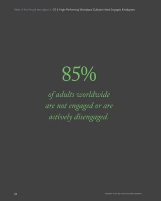 State of the Global Workplace  |  02  |  High-Performing Workplace Cultures Need Engaged Employees
34 Copyright © 2017 Gallup, Inc. All rights reserved.
85%
of adults worldwide
are not engaged or are
actively disengaged.
 