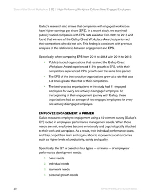 40 Copyright © 2017 Gallup, Inc. All rights reserved.
State of the Global Workplace | 02  |  High-Performing Workplace Cultures Need Engaged Employees
Gallup’s research also shows that companies with engaged workforces
have higher earnings per share (EPS). In a recent study, we examined
publicly traded companies with EPS data available from 2011 to 2015 and
found that winners of the Gallup Great Workplace Award outperformed
their competitors who did not win. This finding is consistent with previous
analyses of the relationship between engagement and EPS.
Specifically, when comparing EPS from 2011 to 2013 with 2014 to 2015:
•• Publicly traded organizations that received the Gallup Great
Workplace Award experienced 115% growth in EPS, while their
competitors experienced 27% growth over the same time period.
•• The EPS of the best-practice organizations grew at a rate that was
4.3 times greater than that of their competitors.
•• The best-practice organizations in the study had 11 engaged
employees for every one actively disengaged employee. At
the beginning of their engagement journey with Gallup, these
organizations had an average of two engaged employees for every
one actively disengaged employee.
EMPLOYEE ENGAGEMENT: A PRIMER
Gallup measures employee engagement using a 12-element survey (Gallup’s
Q12
) rooted in employees’ performance management needs. When those
needs are met, employees become emotionally and psychologically attached
to their work and workplace. As a result, their individual performance soars,
and they propel their team and organization to improved crucial outcomes
such as higher levels of productivity, safety and quality.
Specifically, the Q12
is based on four types — or levels — of employees’
performance development needs:
1.	 basic needs
2.	 individual needs
3.	 teamwork needs
4.	 personal growth needs
 