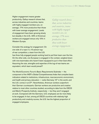 State of the Global Workplace | 05 | Western Europe
83Copyright © 2017 Gallup, Inc. All rights reserved.
Higher engagement means greater
productivity. Gallup research shows that,
across industries and countries, teams
with highly engaged members are, on
average, 17% more productive than those
with lower average engagement. Levels
of engagement have been growing slowly
but steadily in the U.S.; 33% of American
workers are engaged versus only 10% in
Western Europe.
Consider this analogy for engagement: On
one side of a rope in a 10-person tug-
of-war competition, a team from the U.S.
has three fully engaged people working hard to pull their team over the line.
On the other side, one European is engaged in the contest, weighed down
with nine teammates who haven’t been equipped to put in their best effort.
Assuming the size, strengths and expertise of the tug-of-war teams are
equivalent, which team would prevail?
The World Economic Forum’s Basic Requirements Subindex — the
component of the WEF’s Global Competitiveness Index that compiles basic
indicators related to institutions, infrastructure, macroeconomic environment,
and health and primary education — ranks Germany 10th
in the world, and
the U.S. comes in at 27th
. Nevertheless, American workers outperform
their German counterparts. German workers are productive and creative
relative to most other countries studied, according to data from the OECD
and Martin Prosperity Institute, respectively — but they aren’t engaged
at work. Compared with the Germans, U.S. employees are far more likely
to be engaged. In fact, among all OECD countries with relatively high
productivity and creativity scores, the U.S. has the highest proportion of
engaged employees.
Gallup research shows
that, across industries
and countries, teams
with highly engaged
members are, on
average, 17% more
productive than
those with lower
average engagement.
 