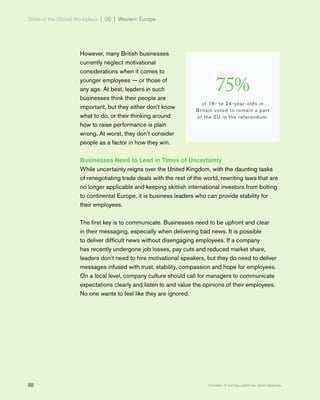 State of the Global Workplace | 05 | Western Europe
88 Copyright © 2017 Gallup, Inc. All rights reserved.
However, many British businesses
currently neglect motivational
considerations when it comes to
younger employees — or those of
any age. At best, leaders in such
businesses think their people are
important, but they either don’t know
what to do, or their thinking around
how to raise performance is plain
wrong. At worst, they don’t consider
people as a factor in how they win.
Businesses Need to Lead in Times of Uncertainty
While uncertainty reigns over the United Kingdom, with the daunting tasks
of renegotiating trade deals with the rest of the world, rewriting laws that are
no longer applicable and keeping skittish international investors from bolting
to continental Europe, it is business leaders who can provide stability for
their employees.
The first key is to communicate. Businesses need to be upfront and clear
in their messaging, especially when delivering bad news. It is possible
to deliver difficult news without disengaging employees. If a company
has recently undergone job losses, pay cuts and reduced market share,
leaders don’t need to hire motivational speakers, but they do need to deliver
messages infused with trust, stability, compassion and hope for employees.
On a local level, company culture should call for managers to communicate
expectations clearly and listen to and value the opinions of their employees.
No one wants to feel like they are ignored.
75%
of 18- to 24-year-olds in
Britain voted to remain a part
of the EU in the referendum.
 