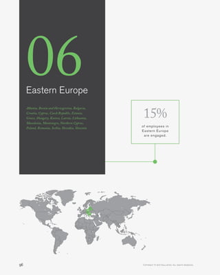 96 Copyright © 2017 Gallup, Inc. All rights reserved.
06Eastern Europe
15%
of employees in
Eastern Europe
are engaged.
Albania, Bosnia and Herzegovina, Bulgaria,
Croatia, Cyprus, Czech Republic, Estonia,
Greece, Hungary, Kosovo, Latvia, Lithuania,
Macedonia, Montenegro, Northern Cyprus,
Poland, Romania, Serbia, Slovakia, Slovenia
 