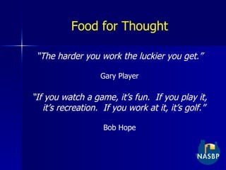Food for Thought “ The harder you work the luckier you get.” Gary Player “ If you watch a game, it’s fun.  If you play it, it’s recreation.  If you work at it, it’s golf.” Bob Hope 