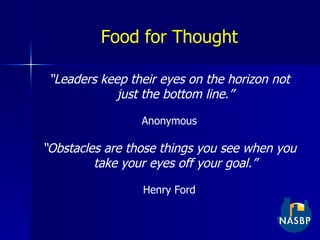 Food for Thought “ Leaders keep their eyes on the horizon not just the bottom line.” Anonymous “ Obstacles are those things you see when you take your eyes off your goal.” Henry Ford 