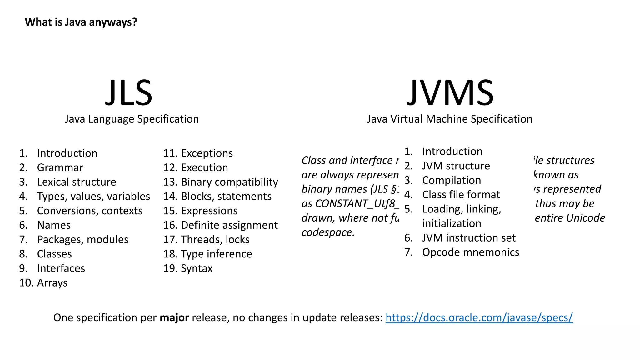 What is Java anyways? JLS JVMSJava Language Specification Java Virtual Machine Specification 51 character sequences, formed from ASCII letters, are reserved for use as keywords and cannot be used as identifiers (§3.8). Class and interface names that appear in class file structures are always represented in a fully qualified form known as binary names (JLS §13.1). Such names are always represented as CONSTANT_Utf8_info structures (§4.4.7) and thus may be drawn, where not further constrained, from the entire Unicode codespace. Language Preview Specifications + One specification per major release, no changes in update releases: https://docs.oracle.com/javase/specs/ 1. Introduction 11. Exceptions 2. Grammar 12. Execution 3. Lexical structure 13. Binary compatibility 4. Types, values, variables 14. Blocks, statements 5. Conversions, contexts 15. Expressions 6. Names 16. Definite assignment 7. Packages, modules 17. Threads, locks 8. Classes 18. Type inference 9. Interfaces 19. Syntax 10. Arrays 1. Introduction 2. JVM structure 3. Compilation 4. Class file format 5. Loading, linking, initialization 6. JVM instruction set 7. Opcode mnemonics 