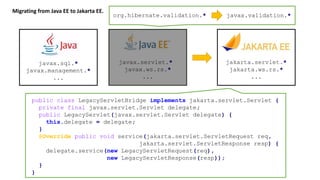 Migrating from Java EE to Jakarta EE.
jakarta.servlet.*
jakarta.ws.rs.*
...
javax.servlet.*
javax.ws.rs.*
...
javax.sql.*
javax.management.*
...
public class LegacyServletBridge implements jakarta.servlet.Servlet {
private final javax.servlet.Servlet delegate;
public LegacyServlet(javax.servlet.Servlet delegate) {
this.delegate = delegate;
}
@Override public void service(jakarta.servlet.ServletRequest req,
jakarta.servlet.ServletResponse resp) {
delegate.service(new LegacyServletRequest(req),
new LegacyServletResponse(resp));
}
}
org.hibernate.validation.* javax.validation.*
 