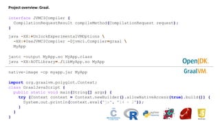 Project overview: Graal.
java -XX:+UnlockExperimentalVMOptions 
-XX:+UseJVMCICompiler -Djvmci.Compiler=graal 
MyApp
jaotc -output MyApp.so MyApp.class
java -XX:AOTLibrary=./libMyApp.so MyApp
native-image -cp myapp.jar MyApp
interface JVMCICompiler {
CompilationRequestResult compileMethod(CompilationRequest request);
}
import org.graalvm.polyglot.Context;
class GraalJavaScript {
public static void main(String[] args) {
try (Context context = Context.newBuilder().allowNativeAccess(true).build()) {
System.out.println(context.eval("js", "14 + 2"));
}
}
}
 