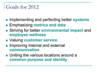 Goals for 2012

   Implementing and perfecting better systems
   Emphasizing metrics and data
   Striving for better environmental impact and
    employee wellness
   Valuing customer service
   Improving internal and external
    communication
   Uniting the various locations around a
    common purpose and identity
 