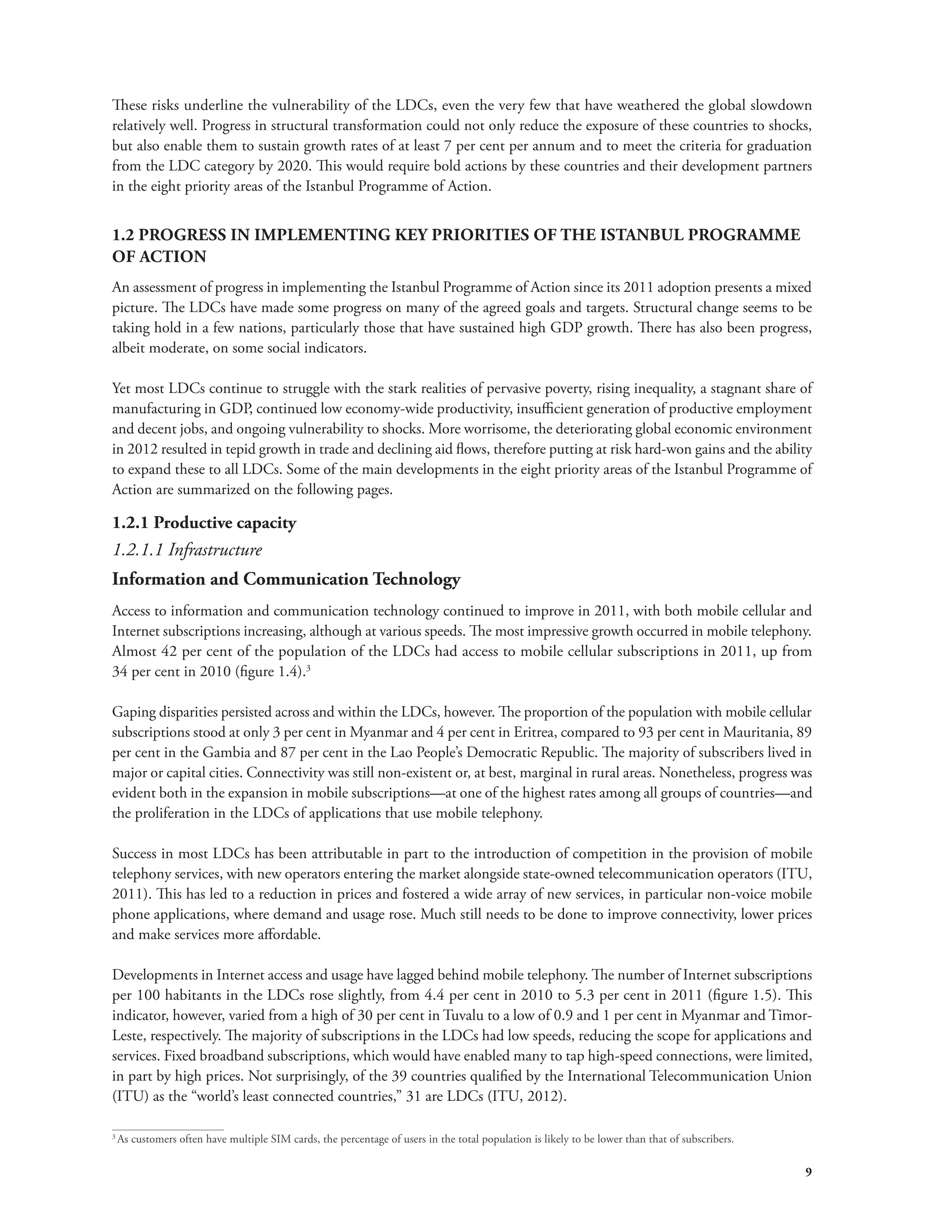 These risks underline the vulnerability of the LDCs, even the very few that have weathered the global slowdown 
relatively well. Progress in structural transformation could not only reduce the exposure of these countries to shocks, 
but also enable them to sustain growth rates of at least 7 per cent per annum and to meet the criteria for graduation 
from the LDC category by 2020. This would require bold actions by these countries and their development partners 
in the eight priority areas of the Istanbul Programme of Action. 
1.2 PROGRESS IN IMPLEMENTING KEY PRIORITIES OF THE ISTANBUL PROGRAMME 
OF ACTION 
An assessment of progress in implementing the Istanbul Programme of Action since its 2011 adoption presents a mixed 
picture. The LDCs have made some progress on many of the agreed goals and targets. Structural change seems to be 
taking hold in a few nations, particularly those that have sustained high GDP growth. There has also been progress, 
albeit moderate, on some social indicators. 
Yet most LDCs continue to struggle with the stark realities of pervasive poverty, rising inequality, a stagnant share of 
manufacturing in GDP, continued low economy-wide productivity, insufficient generation of productive employment 
and decent jobs, and ongoing vulnerability to shocks. More worrisome, the deteriorating global economic environment 
in 2012 resulted in tepid growth in trade and declining aid flows, therefore putting at risk hard-won gains and the ability 
to expand these to all LDCs. Some of the main developments in the eight priority areas of the Istanbul Programme of 
Action are summarized on the following pages. 
1.2.1 Productive capacity 
1.2.1.1 Infrastructure 
Information and Communication Technology 
Access to information and communication technology continued to improve in 2011, with both mobile cellular and 
Internet subscriptions increasing, although at various speeds. The most impressive growth occurred in mobile telephony. 
Almost 42 per cent of the population of the LDCs had access to mobile cellular subscriptions in 2011, up from 
34 per cent in 2010 (figure 1.4).3 
Gaping disparities persisted across and within the LDCs, however. The proportion of the population with mobile cellular 
subscriptions stood at only 3 per cent in Myanmar and 4 per cent in Eritrea, compared to 93 per cent in Mauritania, 89 
per cent in the Gambia and 87 per cent in the Lao People’s Democratic Republic. The majority of subscribers lived in 
major or capital cities. Connectivity was still non-existent or, at best, marginal in rural areas. Nonetheless, progress was 
evident both in the expansion in mobile subscriptions—at one of the highest rates among all groups of countries—and 
the proliferation in the LDCs of applications that use mobile telephony. 
Success in most LDCs has been attributable in part to the introduction of competition in the provision of mobile 
telephony services, with new operators entering the market alongside state-owned telecommunication operators (ITU, 
2011). This has led to a reduction in prices and fostered a wide array of new services, in particular non-voice mobile 
phone applications, where demand and usage rose. Much still needs to be done to improve connectivity, lower prices 
and make services more affordable. 
Developments in Internet access and usage have lagged behind mobile telephony. The number of Internet subscriptions 
per 100 habitants in the LDCs rose slightly, from 4.4 per cent in 2010 to 5.3 per cent in 2011 (figure 1.5). This 
indicator, however, varied from a high of 30 per cent in Tuvalu to a low of 0.9 and 1 per cent in Myanmar and Timor- 
Leste, respectively. The majority of subscriptions in the LDCs had low speeds, reducing the scope for applications and 
services. Fixed broadband subscriptions, which would have enabled many to tap high-speed connections, were limited, 
in part by high prices. Not surprisingly, of the 39 countries qualified by the International Telecommunication Union 
(ITU) as the “world’s least connected countries,” 31 are LDCs (ITU, 2012). 
9 
3 As customers often have multiple SIM cards, the percentage of users in the total population is likely to be lower than that of subscribers. 
 