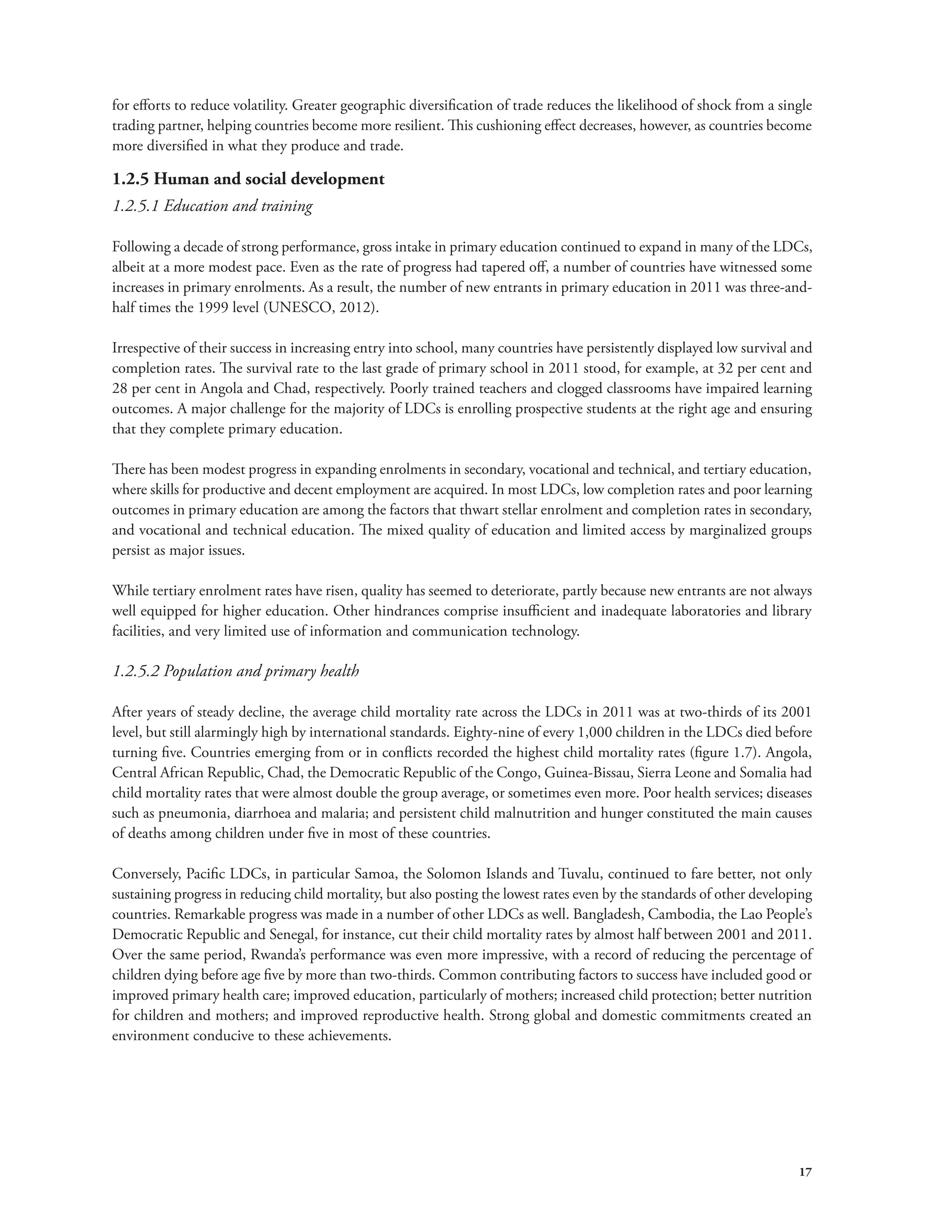 for efforts to reduce volatility. Greater geographic diversification of trade reduces the likelihood of shock from a single 
trading partner, helping countries become more resilient. This cushioning effect decreases, however, as countries become 
more diversified in what they produce and trade. 
1.2.5 Human and social development 
1.2.5.1 Education and training 
Following a decade of strong performance, gross intake in primary education continued to expand in many of the LDCs, 
albeit at a more modest pace. Even as the rate of progress had tapered off, a number of countries have witnessed some 
increases in primary enrolments. As a result, the number of new entrants in primary education in 2011 was three-and-half 
17 
times the 1999 level (UNESCO, 2012). 
Irrespective of their success in increasing entry into school, many countries have persistently displayed low survival and 
completion rates. The survival rate to the last grade of primary school in 2011 stood, for example, at 32 per cent and 
28 per cent in Angola and Chad, respectively. Poorly trained teachers and clogged classrooms have impaired learning 
outcomes. A major challenge for the majority of LDCs is enrolling prospective students at the right age and ensuring 
that they complete primary education. 
There has been modest progress in expanding enrolments in secondary, vocational and technical, and tertiary education, 
where skills for productive and decent employment are acquired. In most LDCs, low completion rates and poor learning 
outcomes in primary education are among the factors that thwart stellar enrolment and completion rates in secondary, 
and vocational and technical education. The mixed quality of education and limited access by marginalized groups 
persist as major issues. 
While tertiary enrolment rates have risen, quality has seemed to deteriorate, partly because new entrants are not always 
well equipped for higher education. Other hindrances comprise insufficient and inadequate laboratories and library 
facilities, and very limited use of information and communication technology. 
1.2.5.2 Population and primary health 
After years of steady decline, the average child mortality rate across the LDCs in 2011 was at two-thirds of its 2001 
level, but still alarmingly high by international standards. Eighty-nine of every 1,000 children in the LDCs died before 
turning five. Countries emerging from or in conflicts recorded the highest child mortality rates (figure 1.7). Angola, 
Central African Republic, Chad, the Democratic Republic of the Congo, Guinea-Bissau, Sierra Leone and Somalia had 
child mortality rates that were almost double the group average, or sometimes even more. Poor health services; diseases 
such as pneumonia, diarrhoea and malaria; and persistent child malnutrition and hunger constituted the main causes 
of deaths among children under five in most of these countries. 
Conversely, Pacific LDCs, in particular Samoa, the Solomon Islands and Tuvalu, continued to fare better, not only 
sustaining progress in reducing child mortality, but also posting the lowest rates even by the standards of other developing 
countries. Remarkable progress was made in a number of other LDCs as well. Bangladesh, Cambodia, the Lao People’s 
Democratic Republic and Senegal, for instance, cut their child mortality rates by almost half between 2001 and 2011. 
Over the same period, Rwanda’s performance was even more impressive, with a record of reducing the percentage of 
children dying before age five by more than two-thirds. Common contributing factors to success have included good or 
improved primary health care; improved education, particularly of mothers; increased child protection; better nutrition 
for children and mothers; and improved reproductive health. Strong global and domestic commitments created an 
environment conducive to these achievements. 
 