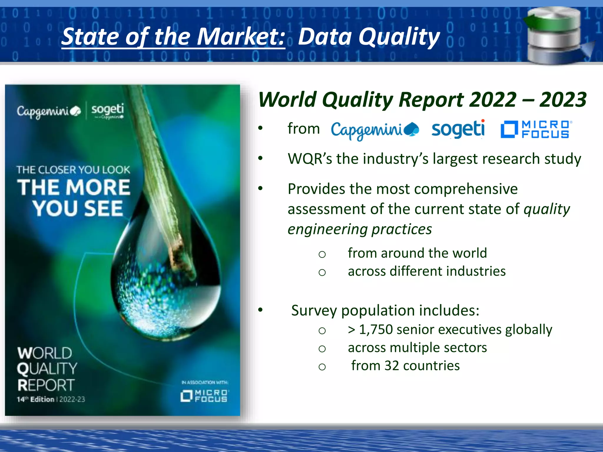 a software division of
State of the Market: Data Quality
World Quality Report 2022 – 2023
• from
• WQR’s the industry’s largest research study
• Provides the most comprehensive
assessment of the current state of quality
engineering practices
o from around the world
o across different industries
• Survey population includes:
o > 1,750 senior executives globally
o across multiple sectors
o from 32 countries
 