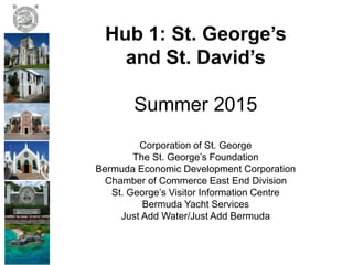 Hub 1: St. George’s
and St. David’s
Summer 2015
Corporation of St. George
The St. George’s Foundation
Bermuda Economic Development Corporation
Chamber of Commerce East End Division
St. George’s Visitor Information Centre
Bermuda Yacht Services
Just Add Water/Just Add Bermuda
 