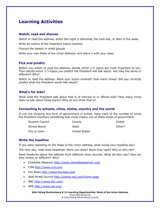Learning Activities

Watch, read and discuss
Watch or read the address, either the night is delivered, the next day, or later in the week.
Write an outline of the important topics covered.
Discuss the speech in small groups.
Write your own State of the Union Address, and share it with your class.


Pick and predict
Before you watch or read the address, decide which 1-3 topics are most important to you.
Then decide which 1-3 topics you predict the President will talk about. Are they the same or
different? Why?
Watch or read the address. Were your topics covered? How many times? Did you correctly
predict what the President would talk about?


What’s for kids?
What does the President talk about that is of interest to or affects kids? How many times
does he talk about those topics? Why do you think that is?


Connecting to schools, cities, states, country and the world
If you are studying any form of government in school, keep track of the number of times
the President mentions something that could impact one of these levels of government:
       Student Council                     County                              Global
       School Board                        State                               Other?
       City or town                        United States


Write the headline
If you were reporting on the State of the Union address, what would your headline say?
The next day, read news headlines. Were you close? Were they right? Why or why not?
Read headlines about the address from different news sources. What do they say? How are
they similar or different? Why?
   •   Charlotte Observer http://www.charlotteobserver.com
   •   CNN http://www.cnn.com
   •   Fox News http://www.foxnews.com
   •   Wall Street Journal http://online.wsj.com/home-page
   •   BBC http://www.bbc.com/
   •   NPR http://www.npr.org/

          Kids Voting Mecklenburg K-12 Learning Opportunities: State of the Union Address
                                         www.kidsvoting.org
                                  © Kids Voting Mecklenburg County
 