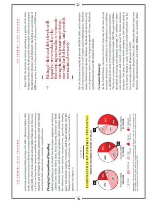 on foreign governments that purchase U.S. debt). Moreover, higher debt       Since 1970, the decline in defense spending as a portion of the total
levels mean more resources devoted to compounding interest payments        budget has been offset by the growth in the major entitlement programs
on the debt, which increasingly go abroad rather than stay in this coun-   (Social Security, Medicare and Medicaid). Spending as a percentage of
try. Thus, we have fewer resources available for domestic investment in    GDP has grown from its historical average of 20 percent of GDP over
research and development, education, infrastructure and other crucial
investments that maintain our economic competitiveness.

Changing Composition of Spending
Federal spending can be divided into ﬁve major categories: net interest
(interest costs on the federal debt), Social Security, Medicare and Med-
icaid, national defense, and all other programs, which includes areas
like education, income security, transportation, agriculture, housing
space and science, natural resources, and health programs like the
National Institute of Health and Center for Disease Control and Pre-
vention (see Figure 4).

                                                                           the last 50 years to roughly 24 percent of GDP in 2010, and is anticipat-
                              FIGURE 4.
                                                                           ed to reach 40 percent of GDP in 2040 under current policies. The three
                                                                           major entitlement programs (Medicare, Medicaid and Social Security)
                                                                           are the primary drivers of that long-term growth. Of these, Medicare
                                                                           and Medicaid represent the greatest challenge.

                                                                           Economic Recovery
                                                                           As the United States continues to recover from one of the most severe
                                                                           economic downturns in recent history, we will continue to see addition-
                                                                           al spending in the near term for job creation and economic recovery.
                                                                           The recent recession—which lasted from late 2007 through mid-2009—
                                                                           disrupted the housing and ﬁnancial markets, left millions of Ameri-
                                                                           cans unemployed, and created a greater need for income assistance
                                                                           programs. Last year, revenue levels dropped to their lowest point in
                                                                           recent history, falling to under 15 percent of GDP (well below the his-
                                                                           torical average of about 18 percent of GDP).
SOURCES:                                                                      The Congressional Budget Ofﬁce (CBO) estimates that the American
                                                                           Recovery and Reinvestment Act of 2009 (ARRA), the economic stimu-
 