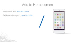 /
PWAs work with Android Intents
PWAs are displayed in app Launcher
Add to Homescreen
 