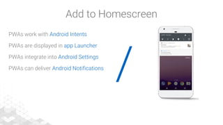 /
PWAs work with Android Intents
PWAs are displayed in app Launcher
PWAs integrate into Android Settings
PWAs can deliver Android Notifications
Add to Homescreen
 