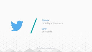 /
300M+
monthly active users
80%+
on mobile
Source: https://mobile.twitter.com
 