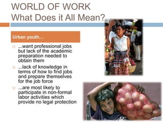 WORLD OF WORK
What Does it All Mean?
 ...want professional jobs
but lack of the academic
preparation needed to
obtain them
 ...lack of knowledge in
terms of how to find jobs
and prepare themselves
for the job force
 ...are most likely to
participate in non-formal
labor activities which
provide no legal protection
Urban youth…
 