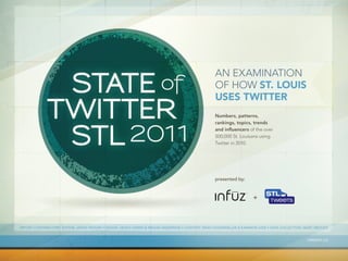 AN EXAMINATION
                                                                                                  OF HOW ST. LOUIS
                                                                                                  USES TWITTER
                                                                                                  Numbers, patterns,
                                                                                                  rankings, topics, trends
                                                                                                  and influencers of the over
                                                                                                  500,000 St. Louisans using
                                                                                                  Twitter in 2010.




                                                                                                  presented by:


                                                                                                                      +



REPORT CONTRIBUTORS: EDITOR: JASON FIEHLER • DESIGN: HEATH HARRIS & MEGAN ANDERSON • CONTENT: BRAD HOGENMILLER & EAMMON AZIZI • DATA COLLECTION: MARC BROOKS


                                                                                                                                                 VERSION 2.0
 