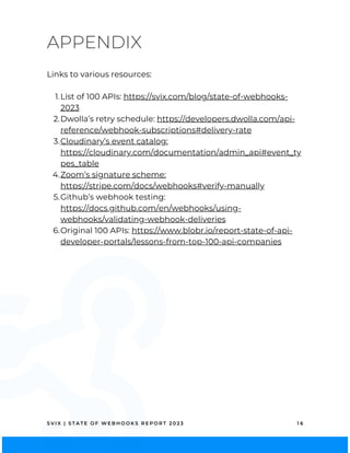 APPENDIX
S V I X | S T A T E O F W E B H O O K S R E P O R T 2 0 2 3 1 6
List of 100 APIs: https://svix.com/blog/state-of-webhooks-
2023
Dwolla’s retry schedule: https://developers.dwolla.com/api-
reference/webhook-subscriptions#delivery-rate
Cloudinary’s event catalog:
https://cloudinary.com/documentation/admin_api#event_ty
pes_table
Zoom’s signature scheme:
https://stripe.com/docs/webhooks#verify-manually
Github’s webhook testing:
https://docs.github.com/en/webhooks/using-
webhooks/validating-webhook-deliveries
Original 100 APIs: https://www.blobr.io/report-state-of-api-
developer-portals/lessons-from-top-100-api-companies
Links to various resources:
1.
2.
3.
4.
5.
6.
 