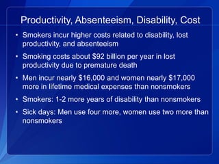 Productivity, Absenteeism, Disability, Cost
• Smokers incur higher costs related to disability, lost
  productivity, and absenteeism
• Smoking costs about $92 billion per year in lost
  productivity due to premature death
• Men incur nearly $16,000 and women nearly $17,000
  more in lifetime medical expenses than nonsmokers
• Smokers: 1-2 more years of disability than nonsmokers
• Sick days: Men use four more, women use two more than
  nonsmokers
 