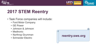 2017 STEM Reentry
• Task Force companies will include:
• Ford Motor Company
• GE Power
• Johnson & Johnson
• Medtronic
• N...