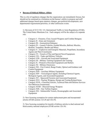    Bureau of Political-Military Affairs

This is a list of regulatory changes that the organization can immediately foresee, but
should not be construed as a limitation on the bureau’s ability to propose and staff
additional changes based upon statutory changes, geo-political developments, new
departmental requirements/priorities, or other unforeseen events.


    1) Revision of 22 C.F.R. 121, International Traffic in Arms Regulations (ITAR),
    The United States Munitions List. Each category will be the subject of a separate
    rule.

       o   Category I—Firearms, Close Assault Weapons and Combat Shotguns
       o   Category II—Guns and Armament
       o   Category III—Ammunition/Ordnance
       o   Category IV—Launch Vehicles, Guided Missiles, Ballistic Missiles,
           Rockets, Torpedoes, Bombs and Mines
       o   Category V—Explosives and Energetic Materials, Propellants, Incendiary
           Agents and Their Constituents
       o   Category VI—Vessels of War and Special Naval Equipment.
       o   Category VII—Tanks and Military Vehicles
       o   Category VIII—Aircraft and Associated Equipment
       o   Category IX—Military Training Equipment and Training
       o   Category X—Protective Personnel Equipment and Shelters
       o   Category XI—Military Electronics
       o   Category XII—Fire Control, Range Finder, Optical and Guidance and
           Control Equipment
       o   Category XIII—Auxiliary Military Equipment
       o   Category XIV—Toxicological Agents, Including Chemical Agents,
           Biological Agents, and Associated Equipment
       o   Category XV—Spacecraft Systems and Associated Equipment
       o   Category XVI—Nuclear Weapons, Design and Testing Related Items
       o   Category XVII—Classified Articles, Technical Data and Defense Services
           Not Otherwise Enumerated
       o   Category XVIII—Directed Energy Weapons
       o   Category XIX—Gas Turbine Engines
       o   Category XX—Submersible Vessels, Oceanographic and Associated
           Equipment

    2) New licensing exemption for certain replacement parts and incorporated
    articles (ITAR sections 123.28 and 126.19).

    3) New licensing exemption for transfer of defense articles to dual national and
    third-country national employees (ITAR section 126.18).




                                     5
 
