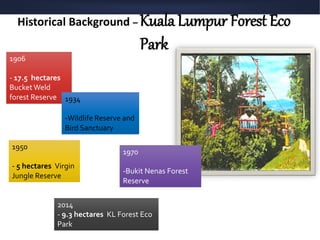 Historical Background – Kuala Lumpur Forest Eco
Park
1906
- 17.5 hectares
BucketWeld
forest Reserve 1934
-Wildlife Reserve and
Bird Sanctuary
1950
- 5 hectares Virgin
Jungle Reserve
1970
-Bukit Nenas Forest
Reserve
2014
- 9.3 hectares KL Forest Eco
Park
 