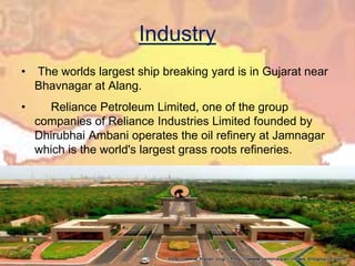 Industry The worlds largest ship breaking yard is in Gujarat near Bhavnagar at Alang.      Reliance Petroleum Limited, one of the group companies of Reliance Industries Limited founded by DhirubhaiAmbani operates the oil refinery at Jamnagar which is the world's largest grass roots refineries.