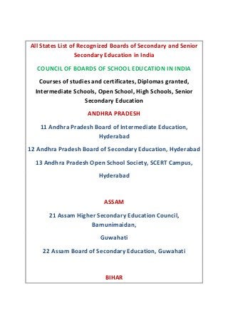 All States List of Recognized Boards of Secondary and Senior
Secondary Education in India
COUNCIL OF BOARDS OF SCHOOL EDUCATION IN INDIA
Courses of studies and certificates, Diplomas granted,
Intermediate Schools, Open School, High Schools, Senior
Secondary Education
ANDHRA PRADESH
11 Andhra Pradesh Board of Intermediate Education,
Hyderabad
12 Andhra Pradesh Board of Secondary Education, Hyderabad
13 Andhra Pradesh Open School Society, SCERT Campus,
Hyderabad

ASSAM
21 Assam Higher Secondary Education Council,
Bamunimaidan,
Guwahati
22 Assam Board of Secondary Education, Guwahati

BIHAR

 