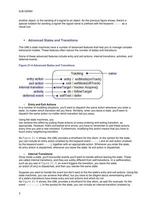 SUB-OOMD
3
another object, or the sending of a signal to an object. As the previous figure shows, there's a
special notation for sending a signal• the signal name is prefixed with the keyword send as a
visual cue.
 Advanced States and Transitions
The UML's state machines have a number of advanced features that help you to manage complex
behavioral models. These features often reduce the number of states and transitions.
Some of these advanced features include entry and exit actions, internal transitions, activities, and
deferred events.
Figure 21-4 Advanced States and Transitions
o Entry and Exit Actions
In a number of modeling situations, you'll want to dispatch the same action whenever you enter a
state, no matter which transition led you there. Similarly, when you leave a state, you'll want to
dispatch the same action no matter which transition led you away.
Using flat state machines, you
can achieve this effect by putting those actions on every entering and exiting transition, as
appropriate. However, that's somewhat error prone; you have to remember to add these actions
every time you add a new transition. Furthermore, modifying this action means that you have to
touch every neighboring transition.
As Figure 21-4 shows, the UML provides a shorthand for this idiom. In the symbol for the state,
you can include an entry action (marked by the keyword event entry) and an exit action (marked
by the keyword event exit), together with an appropriate action. Whenever you enter the state,
its entry action is dispatched; whenever you leave the state, its exit action is dispatched.
o Internal Transitions
Once inside a state, you'll encounter events you'll want to handle without leaving the state. These
are called internal transitions, and they are subtly different from self-transitions. In a selftransition,
such as you see in Figure 21-3, an event triggers the transition, you leave the state,
an action (if any) is dispatched, and then you reenter the same state.
Suppose you want to handle the event but don't want to fire the state's entry and exit actions. Using flat
state machines, you can achieve that effect, but you have to be diligent about remembering which
of a state's transitions have these entry and exit actions and which do not.
As Figure 21-4 shows, the UML provides a shorthand for this idiom, as well (for example, for the
event newTarget). In the symbol for the state, you can include an internal transition (marked by
 