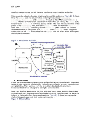 SUB-OOMD
5
state from various sources, but with the same event trigger, guard condition, and action.
Using sequential substates, there's a simpler way to model this problem, as Figure 21-5 shows.
Here, the Active state has a substructure, containing the substates Validating,
Selecting, Processing, and Printing. The state of the ATM changes from Idle to
Active when the customer enters a credit card in the machine. On entering the Active state,
the entry action readCard is performed. Starting with the initial state of the substructure, control
passes to the Validating state, then to the Selecting state, and then to the Processing
state. After Processing, control may return to Selecting (if the customer has selected
another transaction) or it may move on to Printing. After Printing, there's a triggerless
transition back to the Idle state. Notice that the Active state has an exit action, which ejects
the customer's credit card.
Figure 21-5 Sequential Substates
 History States
A state machine describes the dynamic aspects of an object whose current behavior depends on
its past. A state machine in effect specifies the legal ordering of states an object may go through
during its lifetime. There are times you'd like to model an object so that it remembers
the last substate that was active prior to leaving the composite state.
In the UML, a simpler way to model this idiom is by using history states. A history state allows a
composite state that contains sequential substates to remember the last substate that was active
in it prior to the transition from the composite state. As Figure 21-6 shows, you represent a
shallow history state as a small circle containing the symbol H.
Figure 21-6 History State
 