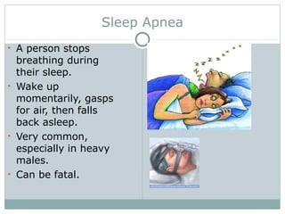 Sleep Apnea
• A person stops
breathing during
their sleep.
• Wake up
momentarily, gasps
for air, then falls
back asleep.
• Very common,
especially in heavy
males.
• Can be fatal.
 