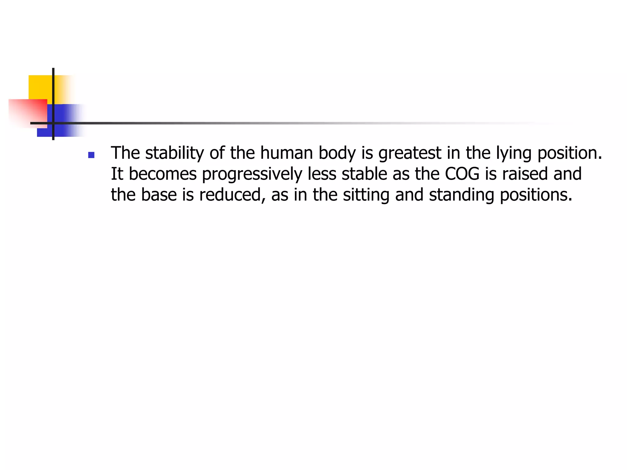  The stability of the human body is greatest in the lying position.
It becomes progressively less stable as the COG is raised and
the base is reduced, as in the sitting and standing positions.