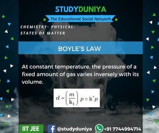 STUDYDUNIYA
The Educational Social Network
C H E M I S T R Y - P H Y S I C A L -
S T A T E S O F M A T T E R
IIT JEE @studyduniya +91 7744994714
At constant temperature, the pressure of a
fixed amount of gas varies inversely with its
volume.
BOYLE’S LAW
 