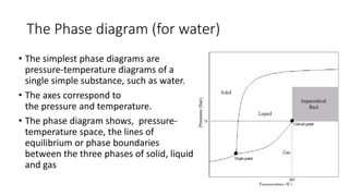 The Phase diagram (for water)
• ​The simplest phase diagrams are
pressure-temperature diagrams of a
single simple substance, such as water.
• The axes correspond to
the pressure and temperature.
• The phase diagram shows, pressure-
temperature space, the lines of
equilibrium or phase boundaries
between the three phases of solid, liquid
and gas
 