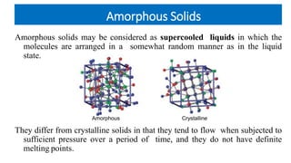 Amorphous Solids
Amorphous solids may be considered as supercooled liquids in which the
molecules are arranged in a somewhat random manner as in the liquid
state.
They differ from crystalline solids in that they tend to flow when subjected to
sufficient pressure over a period of time, and they do not have definite
melting points.
Amorphous Crystalline
 