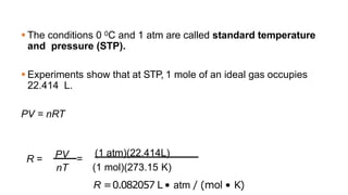 9
What is the volume (in liters) occupied by 49.8 g of HCl at STP?
PV = nRT
V =
nRT
P
T = 0 0C = 273.15 K
P = 1 atm
n = 49...