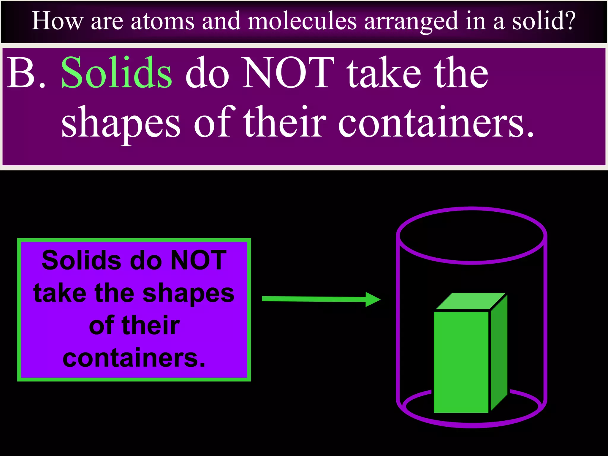 How are atoms and molecules arranged in a solid?
B. Solids do NOT take the
shapes of their containers.
Solids do NOT
take the shapes
of their
containers.
 