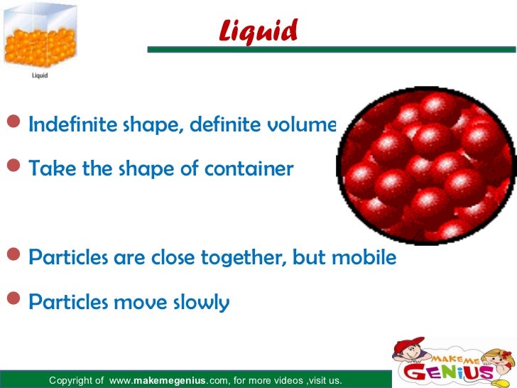 Liquidï¬Indefinite shape, definite volumeï¬Take the shape of containerï¬Particles are close together, but mobileï¬Particles mo...