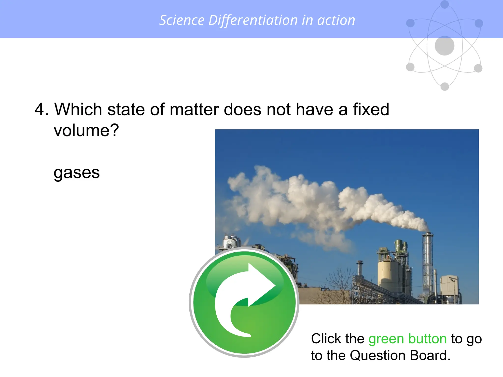 Science Differentiation in action
4. Which state of matter does not have a fixed
volume?
gases
Click the green button to go
to the Question Board.
 