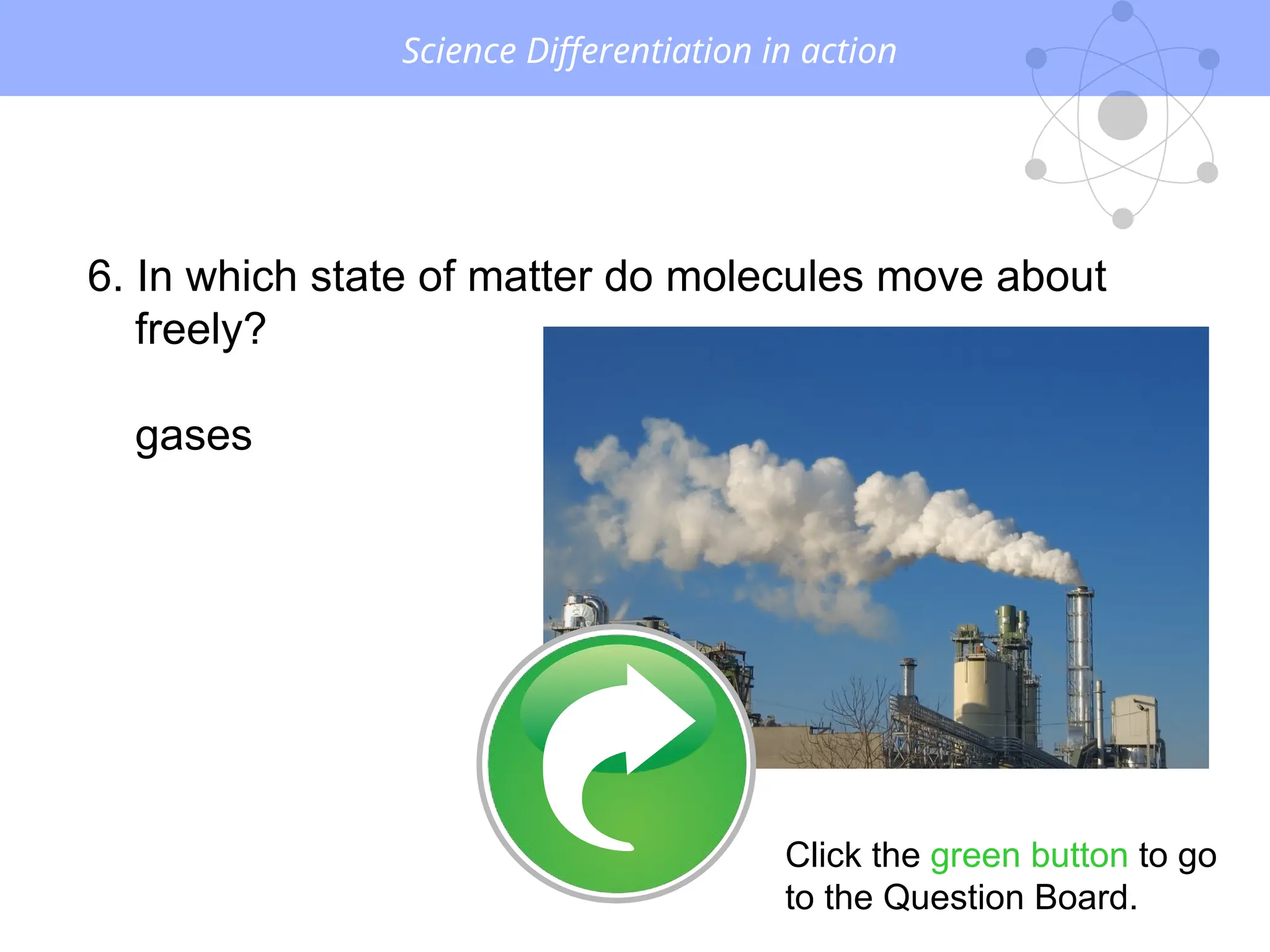 Science Differentiation in action
6. In which state of matter do molecules move about
freely?
gases
Click the green button to go
to the Question Board.
 