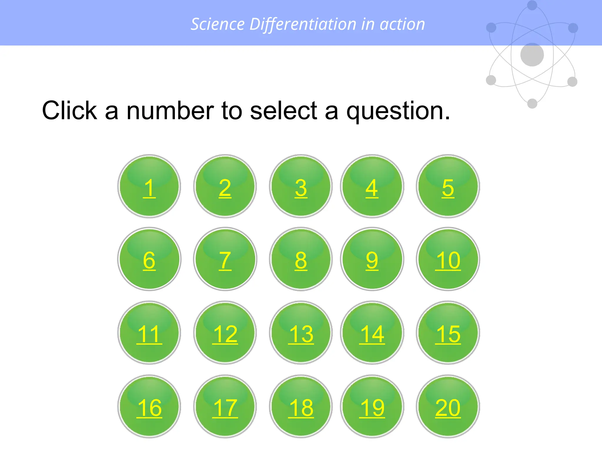 Science Differentiation in action
Click a number to select a question.
20
19
18
17
16
15
14
13
12
11
10
9
8
7
6
5
4
3
2
1
 