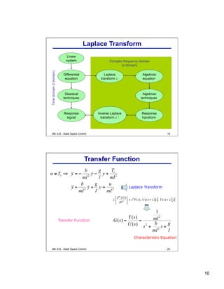 10
19
Linear
system
Differential
equation
Classical
techniques
Response
signal
Laplace
transform L
Inverse Laplace
transform L-1
Algebraic
equation
Algebraic
techniques
Response
transform
Timedomain(tdomain)
Complex frequency domain
(s domain)
Laplace Transform
ME 433 - State Space Control
20
Laplace Transform
Characteristic Equation
Transfer Function
Transfer Function
ME 433 - State Space Control
 