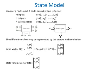 State Model
consider a multi-input & multi-output system is having
m inputs 𝑢1(𝑡) , 𝑢2(𝑡) ,…….𝑢m(𝑡)
p outputs 𝑦1(𝑡) , 𝑦2(𝑡) ,…….𝑦p(𝑡)
n state variables 𝑥1(𝑡) , 𝑥2(𝑡),…….𝑥𝑛(𝑡)
The different variables may be represented by the vectors as shown below
Input vector U(t) =
u1(t)
u2(t)
. .
um(t)
; Output vector Y(t) =
y1(t)
y2(t)
. .
yp(t)
State variable vector X(t) =
x1(t)
x2(t)
. .
xn(t)
 