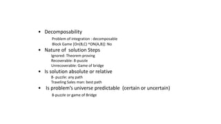 • Decomposability
Problem of integration : decomposable
Block Game [On(B,C) ^ON(A,B)]: No
• Nature of solution Steps
Ignored: Theorem proving
Recoverable: 8-puzzle
Unrecoverable: Game of bridge
• Is solution absolute or relative
8- puzzle: any path
Traveling Sales man: best path
• Is problem‘s universe predictable (certain or uncertain)
8-puzzle or game of Bridge
 