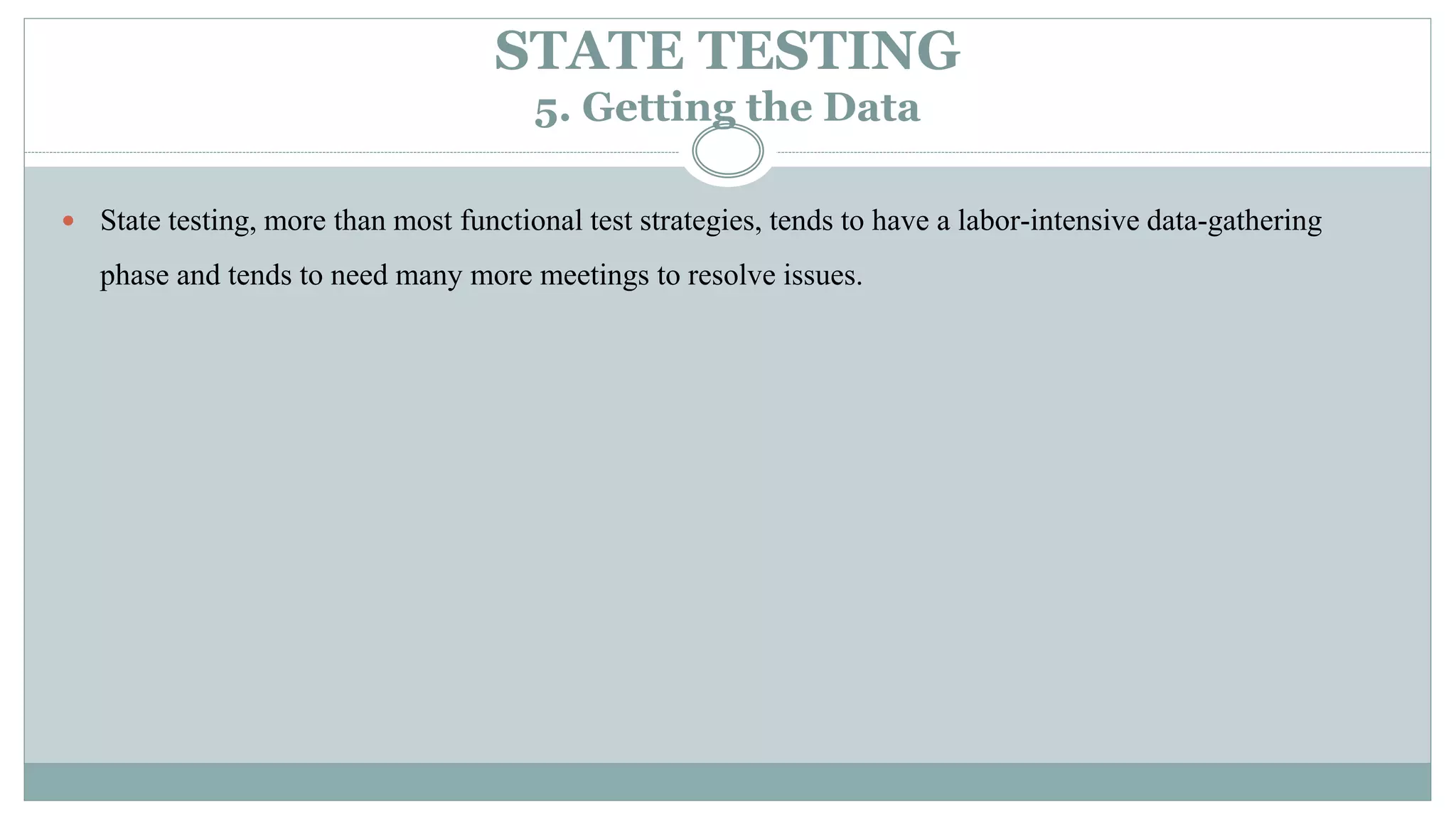 STATE TESTING
5. Getting the Data
 State testing, more than most functional test strategies, tends to have a labor-intensive data-gathering
phase and tends to need many more meetings to resolve issues.
 