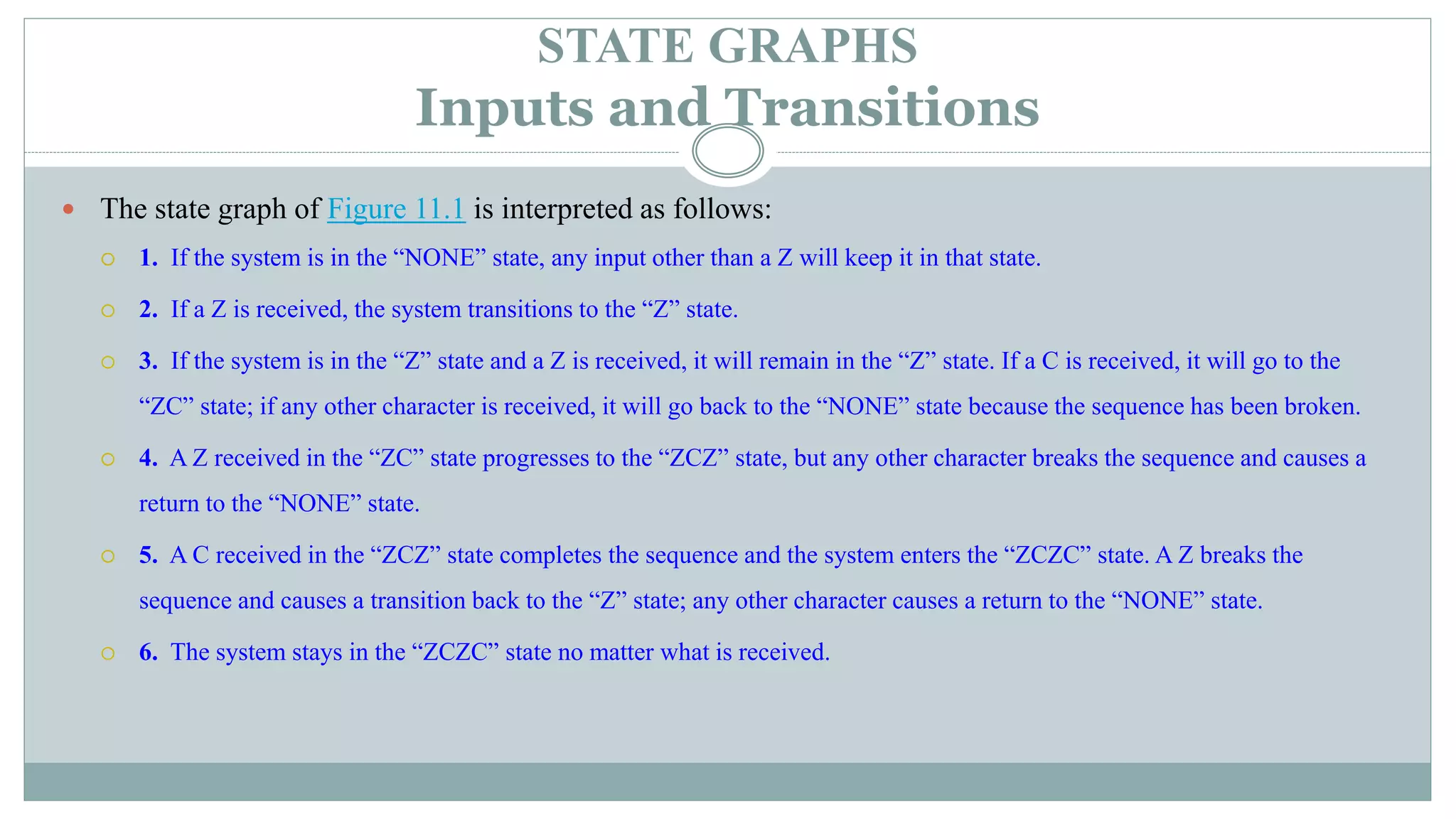 STATE GRAPHS
Inputs and Transitions
 The state graph of Figure 11.1 is interpreted as follows:
 1. If the system is in the “NONE” state, any input other than a Z will keep it in that state.
 2. If a Z is received, the system transitions to the “Z” state.
 3. If the system is in the “Z” state and a Z is received, it will remain in the “Z” state. If a C is received, it will go to the
“ZC” state; if any other character is received, it will go back to the “NONE” state because the sequence has been broken.
 4. A Z received in the “ZC” state progresses to the “ZCZ” state, but any other character breaks the sequence and causes a
return to the “NONE” state.
 5. A C received in the “ZCZ” state completes the sequence and the system enters the “ZCZC” state. A Z breaks the
sequence and causes a transition back to the “Z” state; any other character causes a return to the “NONE” state.
 6. The system stays in the “ZCZC” state no matter what is received.
 