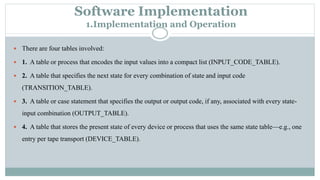 Software Implementation
1.Implementation and Operation
 There are four tables involved:
 1. A table or process that encodes the input values into a compact list (INPUT_CODE_TABLE).
 2. A table that specifies the next state for every combination of state and input code
(TRANSITION_TABLE).
 3. A table or case statement that specifies the output or output code, if any, associated with every state-
input combination (OUTPUT_TABLE).
 4. A table that stores the present state of every device or process that uses the same state table—e.g., one
entry per tape transport (DEVICE_TABLE).
 