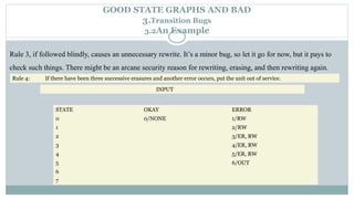 Rule 4: If there have been three successive erasures and another error occurs, put the unit out of service.
GOOD STATE GRAPHS AND BAD
3.Transition Bugs
3.2An Example
Rule 3, if followed blindly, causes an unnecessary rewrite. It’s a minor bug, so let it go for now, but it pays to
check such things. There might be an arcane security reason for rewriting, erasing, and then rewriting again.
INPUT
STATE OKAY ERROR
0 0/NONE 1/RW
1 2/RW
2 3/ER, RW
3 4/ER, RW
4 5/ER, RW
5 6/OUT
6
7
 